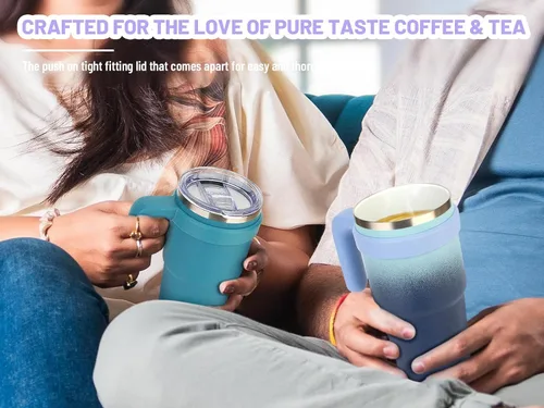 Vista 5 de Zukro - Vaso aislado con forro de cerámica de 20 onzas con asa y pajilla, diseño a cuadros No Metal Taste, Double Wall Stainless Steel Coffee Cup