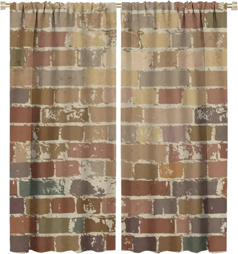 Vista 33 de Cortinas opacas para pared de ladrillo, rústicas, para pared de ladrillo, naranja y rojo, impresión artística para sala de estar, dormitorio