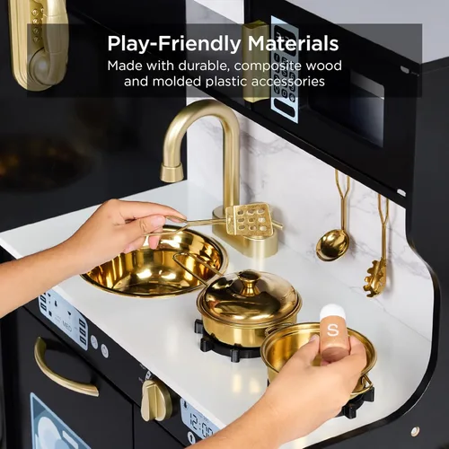 Vista 3 de Best Choice Products - Juego de cocina de madera para niños, juego de cocina con fregadero, horno, microondas, refrigerador, máquina de hielo y Negro