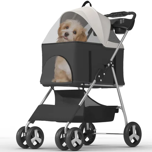 Vista 16 de OS MOTOR - Carriola para mascotas con 3 ruedas para mascotas pequeñas/medianas, portavasos plegable y portátil para perro gato cachorro gatito