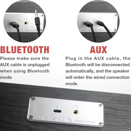Vista 6 de MICA - Altavoces Bluetooth para computadora, altavoces de PC de madera retro en ángulo, conexión auxiliar de 0.138 in, barra de sonido de Gris