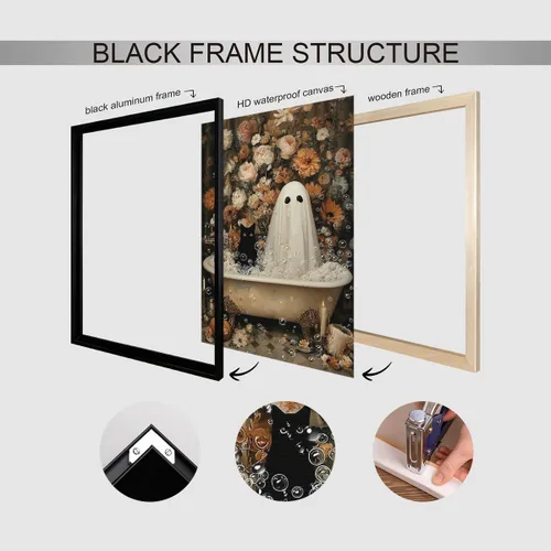 Vista 2 de Lienzo decorativo de Halloween para pared, póster de fantasma y gato negro en la bañera, imagen espeluznante de fantasma y flores, impresión