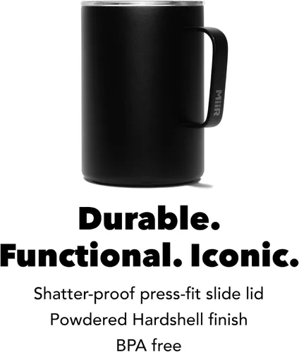 Vista 4 de MiiR, Taza de campamento, aislada al vacío, de acero inoxidable con tapa deslizante, sin BPA, negro, 16 onzas líquidas