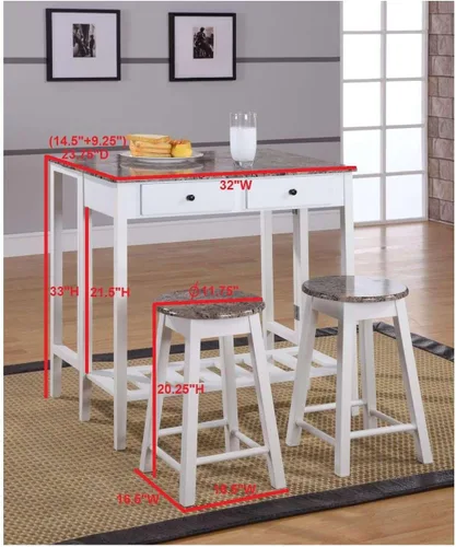 Vista 2 de King's Brand - Mesa desplegable de madera con acabado blanco de 3 piezas y 2 taburetes