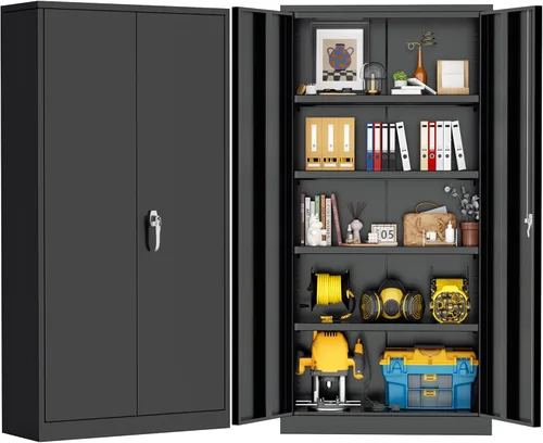 Vista 10 de Greenvelly Armario de almacenamiento de metal de 72 pulgadas de alto con 2 puertas y 4 estantes ajustables, gabinete de metal negro con cerradura