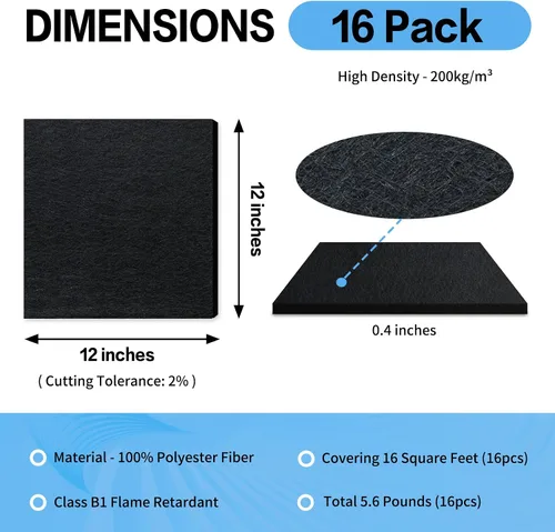 Vista 2 de BXI - Absorbente de sonido, paquete de 16 paneles de absorción acústica de alta densidad de 12 x 12 x 3/8 de pulgada, paneles de absorción de sonido