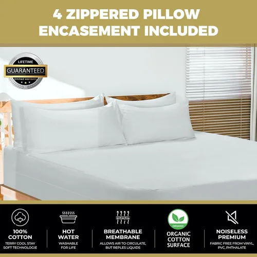 Vista 2 de MATTSHIELD Max Comfort - Juego de 4 protectores de almohada, estándar, con cremallera, 100% impermeables, superficie de rizo de algodón orgánico