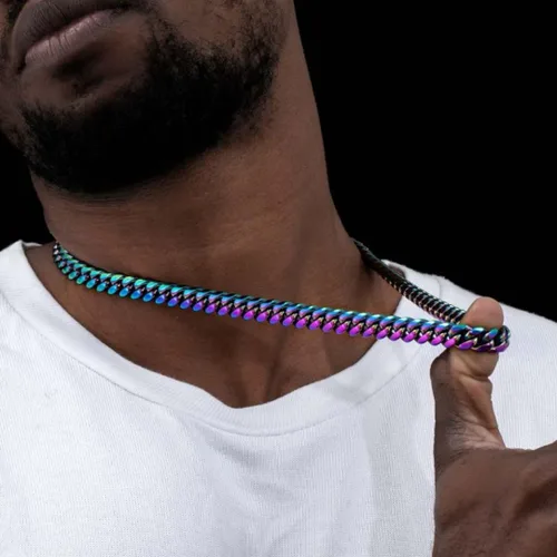Vista 3 de Rowin&Co Mens Chunky Miami Cuban Link Chain - Rainbow Multicolor Stainless Steel Curb Necklace, Nickel-free, Colorful Chains, Hip Hop Jewelry Choker
