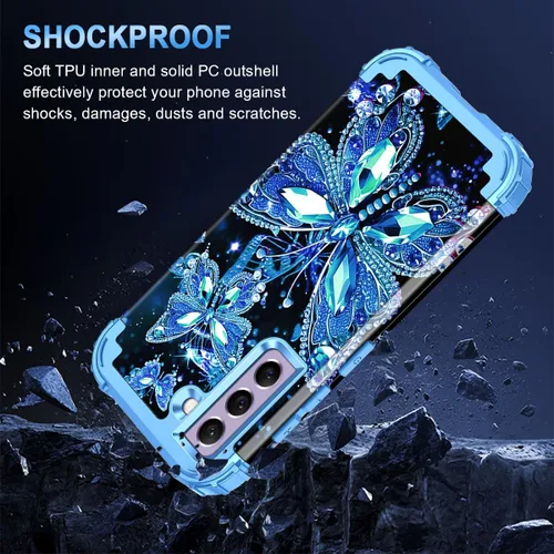 Vista 5 de Miqala Funda para Galaxy S21 FE 5G, brilla en la oscuridad, tres capas, resistente, protección a prueba de golpes, parachoques de plástico
