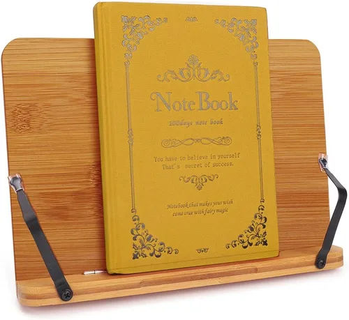 Vista 8 de wishacc Soporte de libros de bambú, bandeja ajustable para libros y clips de papel para páginas - Escritorio de lectura para libros de cocina