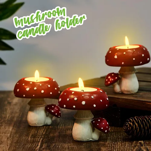 Vista 4 de Tanlade Juego de 1 portavelas con forma de hongo para centro de mesa para velas votivas, casa de campo, decoración de casa de campo
