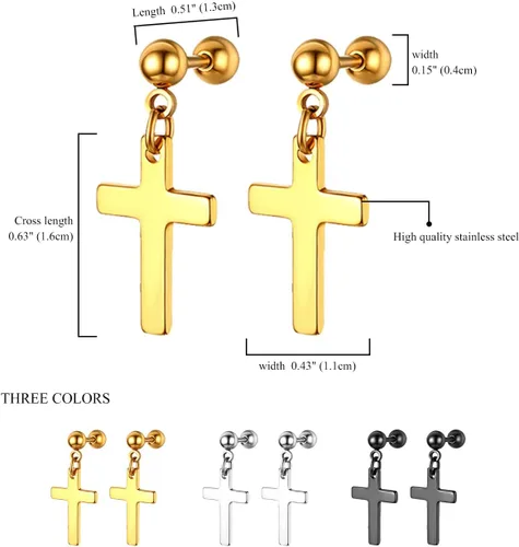 Vista 2 de OIDEA Aretes de cruz de acero inoxidable para hombre, juego de aretes de aro colgantes con bisagras, regalo de joyería para hombres y mujeres
