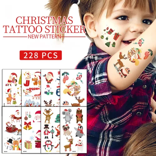 Vista 3 de Tatuajes temporales para maquillaje de Navidad para niños, 228 tatuajes de dibujos animados (30 hojas), impermeables, tatuajes falsos para arte