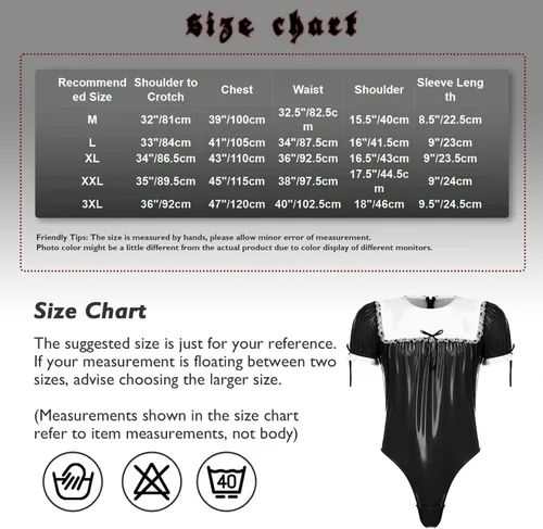 Vista 6 de TiaoBug Men's Maid Cosplay Costume Wet Look Patent Leather Lace Trim Leotard Sissy Crossdress Lingerie