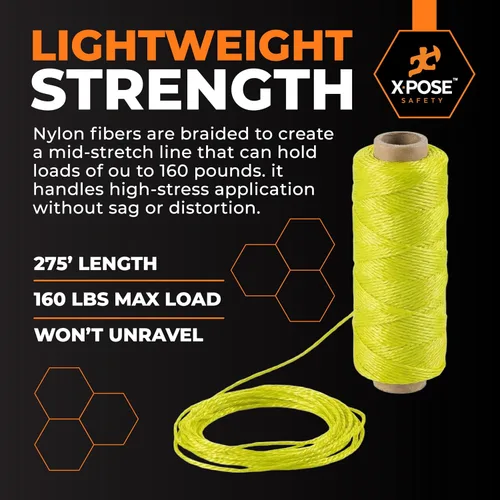 Vista 6 de Xpose Safety Green Mason Line String - Cuerda de nailon trenzado #18 - Línea de construcción duradera de 275 pies para herramientas de mampostería