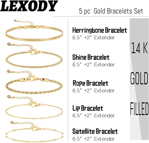 Vista 2 de LEXODY Pulseras de oro para mujer, juego de pulseras de espiga de oro de 14 quilates, delicadas joyas de espiga apilables, cadena fígaro, cadena
