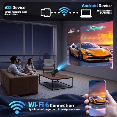 Vista 6 de [Proyector 2026 actualizado] Mini proyector compatible con 4K 1080P Keystone automático 270° giratorio con WiFi 6 y Bluetooth 5.2 proyector portátil