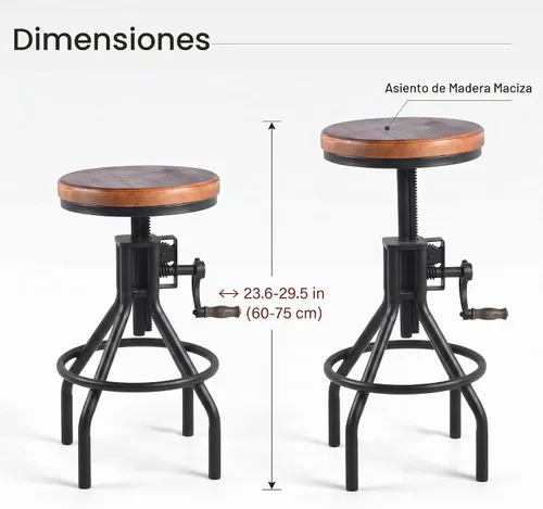 Vista 3 de Taburete industrial de madera para mostrador de granja, altura ajustable con asa, taburete de bar de cocina, color negro, juego de 2