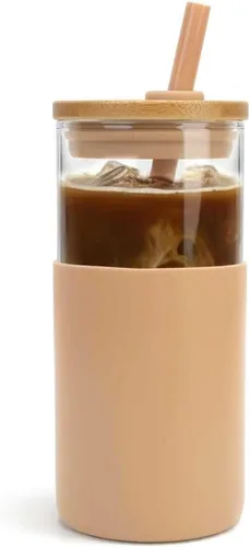Vista 26 de Tronco Vaso de vidrio de 28 onzas con tapas y pajilla, taza reutilizable para café helado y vaso para batidos con tapa de bambú, funda de silicona
