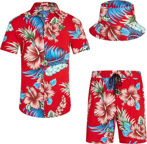 Vista 26 de EISHOPEER Conjunto hawaiano de flores para hombre, camisa de manga corta y pantalones cortos, trajes con sombreros de pescador