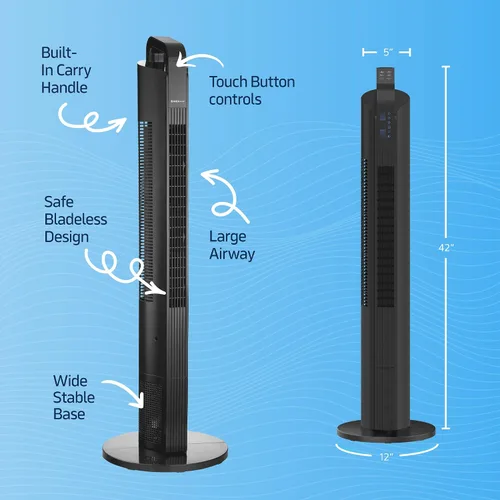 Vista 6 de NEXAIR Ventilador de torre oscilante de 42 pulgadas, torre de ventilador portátil de 3 velocidades con control remoto, ventilador de piso