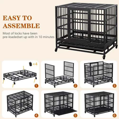 Vista 7 de Vongrasig Jaula para perros indestructible resistente de 38 pulgadas, a prueba de escape, con ruedas bloqueables, jaula para perros de doble puerta
