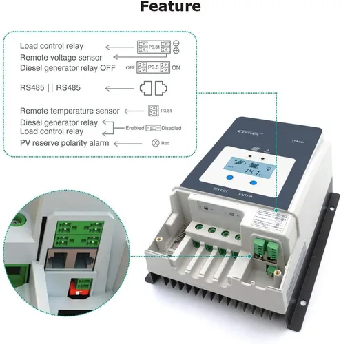 Vista 5 de EPEVER Controlador de carga solar MPPT 60A 12/24/36/48VDC Identificación automática del voltaje del sistema con medidor remoto MT52 y sensor