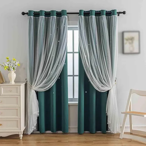 Vista 19 de Anytime - Cortinas para dormitorio de niñas con estrella hueca, cortinas opacas para habitación de niños, cortinas largas para oscurecer