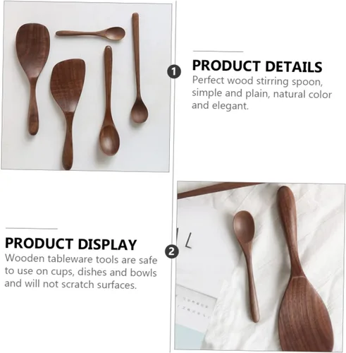 Vista 6 de SHERCHPRY Juego de 5 cucharas de madera de nogal negro para servir, cucharón de arroz con miel, herramienta de cocina