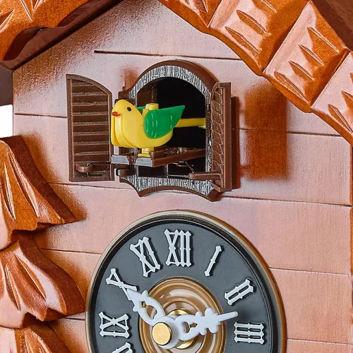 Vista 7 de TIMEGEAR Reloj de cuco de madera con modo nocturno, péndulo oscilante y movimiento de cuarzo (cereza)