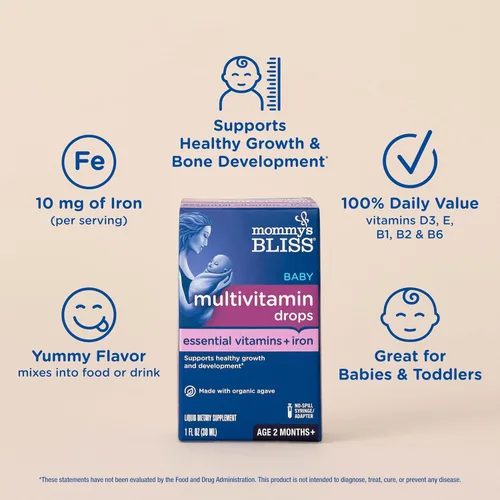Vista 3 de Mommy's Bliss Multivitamínico + hierro para bebés, vitaminas esenciales diarias para el apoyo inmunológico, crecimiento saludable y desarrollo óseo