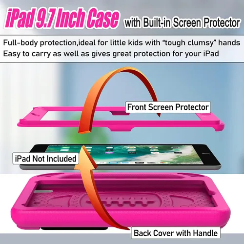 Vista 2 de LTROP Funda para iPad 6ª/5ª generación y iPad Air 2 – 9.7 pulgadas con mango para niños con protector de pantalla, color rosa