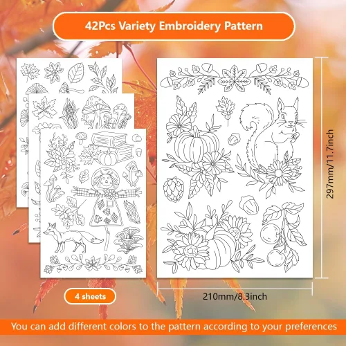 Vista 2 de ORIGACH 4 Hojas Grandes de Estabilizadores de Bordado Solubles en Agua de Otoño, Papel de Bordado de Hojas de Calabaza y Setas para Costura a Mano