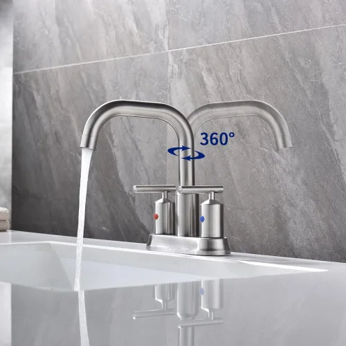 Vista 2 de Grifo de baño de níquel cepillado de 4 pulgadas y 2 manijas para fregadero de 3 agujeros, grifo de fregadero de baño central con ensamblaje