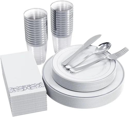 Vista 7 de FOCUSLINE Juego de vajilla dorada de 175 piezas para 25 invitados - Platos desechables de plástico blanco con borde dorado resistente, incluye 25
