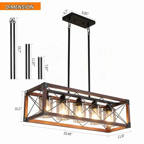Vista 4 de Lámparas colgantes rústicas de casa de campo, candelabros para comedor y cocina, accesorios de luz de isla de 5 luces, candelabro de madera sobre