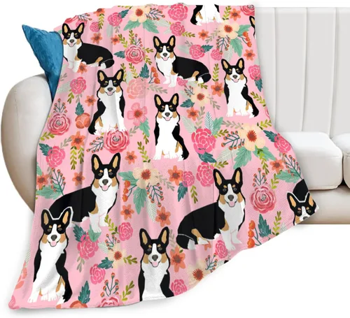 Vista 2 de Manta de Corgi regalos para las amantes de Corgi para mujeres, lindas flores corgis, manta de franela de forro polar, suave y cálida manta rosa