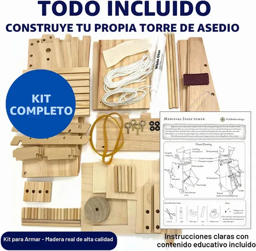Vista 3 de PATHFINDERS Kit STEM - Torre de asedio medieval con catapulta Kit de construcción de madera para adolescentes y adultos Juguete de ingeniería