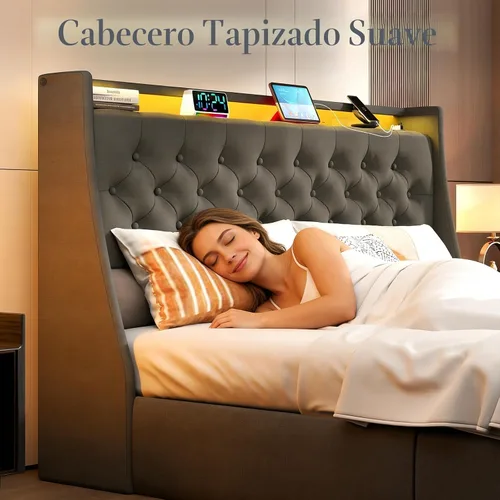 Vista 5 de Base de cama matrimonial tapizada con respaldo alero con 2 cajones de almacenamiento y luces LED