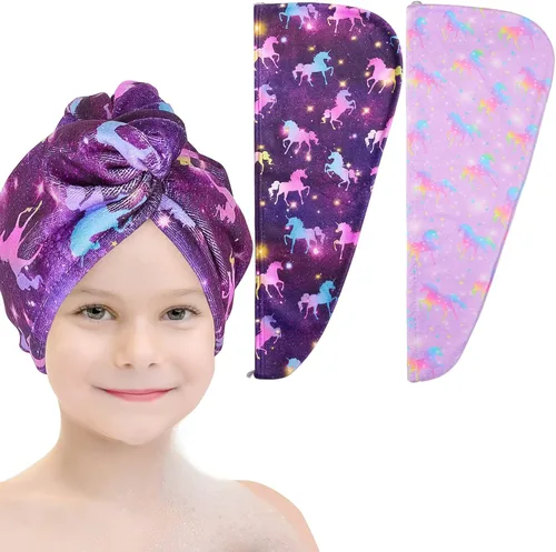 Vista 9 de Basumee Toalla Envolvente de Microfibra para el Cabello para Niños Paquete de 2 Toallas de Cabello de Secado Rápido con Botón Turbantes para Cabello