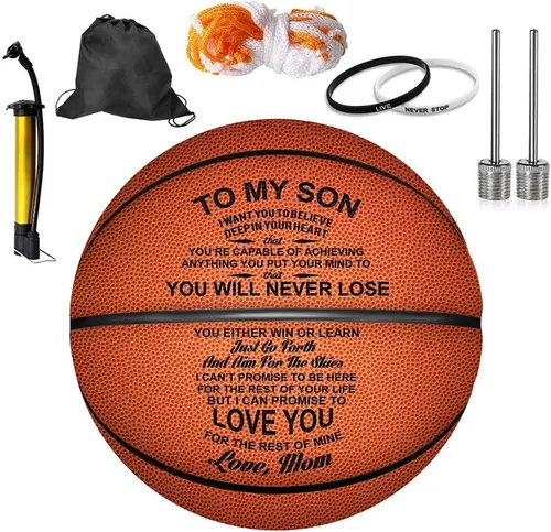 Vista 7 de KWOOD Balones de baloncesto personalizados de 29.5" de regalo para hijo nieto, juego de cuero para interior/exterior, regalo grabado de graduación