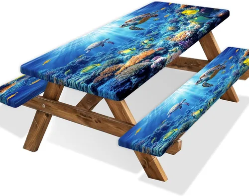 Vista 32 de Funda para Mesa de Picnic con Fundas para Bancos y Bolsa, Campista de Madera Impermeable Resistente al Viento, Cubierta de Mantel Ajustada con Borde