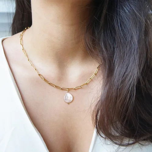 Vista 3 de Collares de perlas para mujer, chapado en oro real de 14 quilates, delicado collar de perlas para mujeres y adolescentes, collar de cadena de perlas
