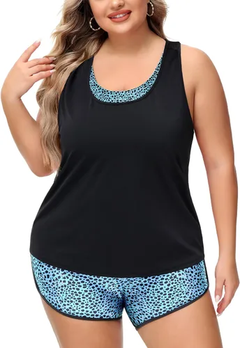 Vista 2 de NIeyook Traje de baño tankini de 3 piezas para mujer, talla grande, con pantalones cortos y brasier deportivo