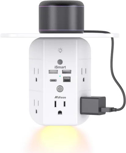 Vista 9 de Extensor de toma de pared con estante y luz nocturna, protector de sobretensiones, cargador de pared USB con 5 salidas USB y 3 puertos USB, 1 salida