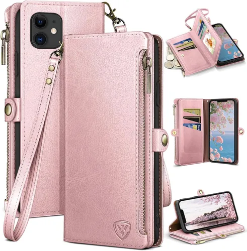 Vista 13 de XcaseBar Funda tipo cartera compatible con iPhone 12/12 Pro de 6.1 pulgadas con cremallera y tarjetero de crédito, bloqueo RFID, funda de piel Negro