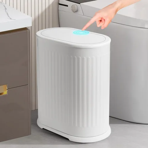 Vista 10 de Anzoymx Botes de basura de baño de acero inoxidable de 1.8 galones, bote de basura pequeño con tapa emergente, papelera estrecha de metal, juego