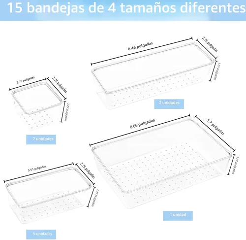 Vista 2 de Manalete Juego de 15 organizadores de cajones, 4 tamaños, organizadores de cajones de plástico transparente y contenedores de almacenamiento