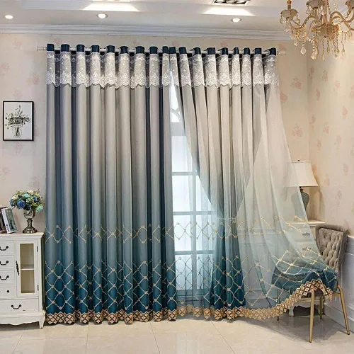 Vista 9 de Amidoudou 1 par de cortinas geométricas de doble capa para sala de estar, cortinas bordadas con patrón de diamante degradado para dormitorio