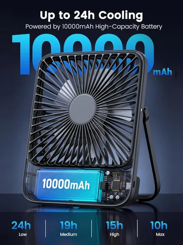 Vista 2 de Warmco - Ventilador de viaje portátil de 10000 mAh de 7 pulgadas, hasta 24 horas de funcionamiento, ultra delgado, silencioso y recargable